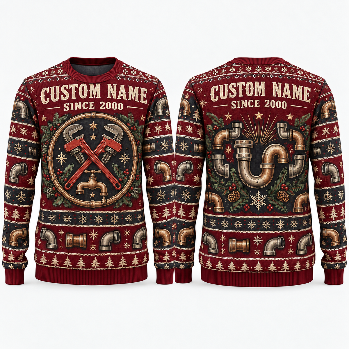 Personalized Plumber Pipeworks Heritage Holiday All-Over Print Crewneck Sweater: front and back design mockups with CUSTOM NAME and SINCE 2000