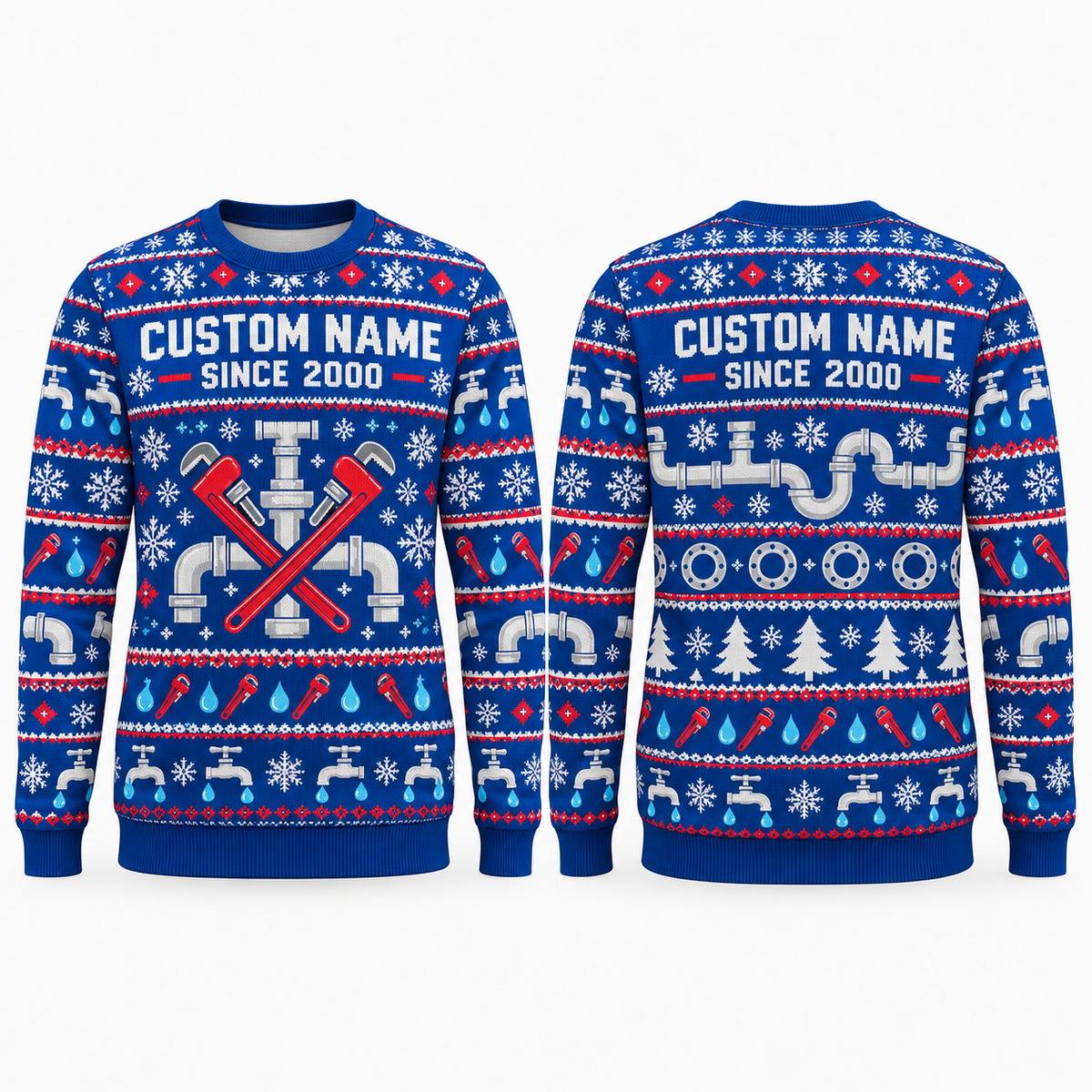 Personalized Plumber Printed Fair Isle Christmas All-Over Print Crewneck Sweater: front and back design mockups with CUSTOM NAME and SINCE 2000
