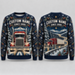 Personalized Trucker Midnight Holiday Haul All-Over Print Crewneck Sweater: front and back design mockups with CUSTOM NAME and SINCE 2000