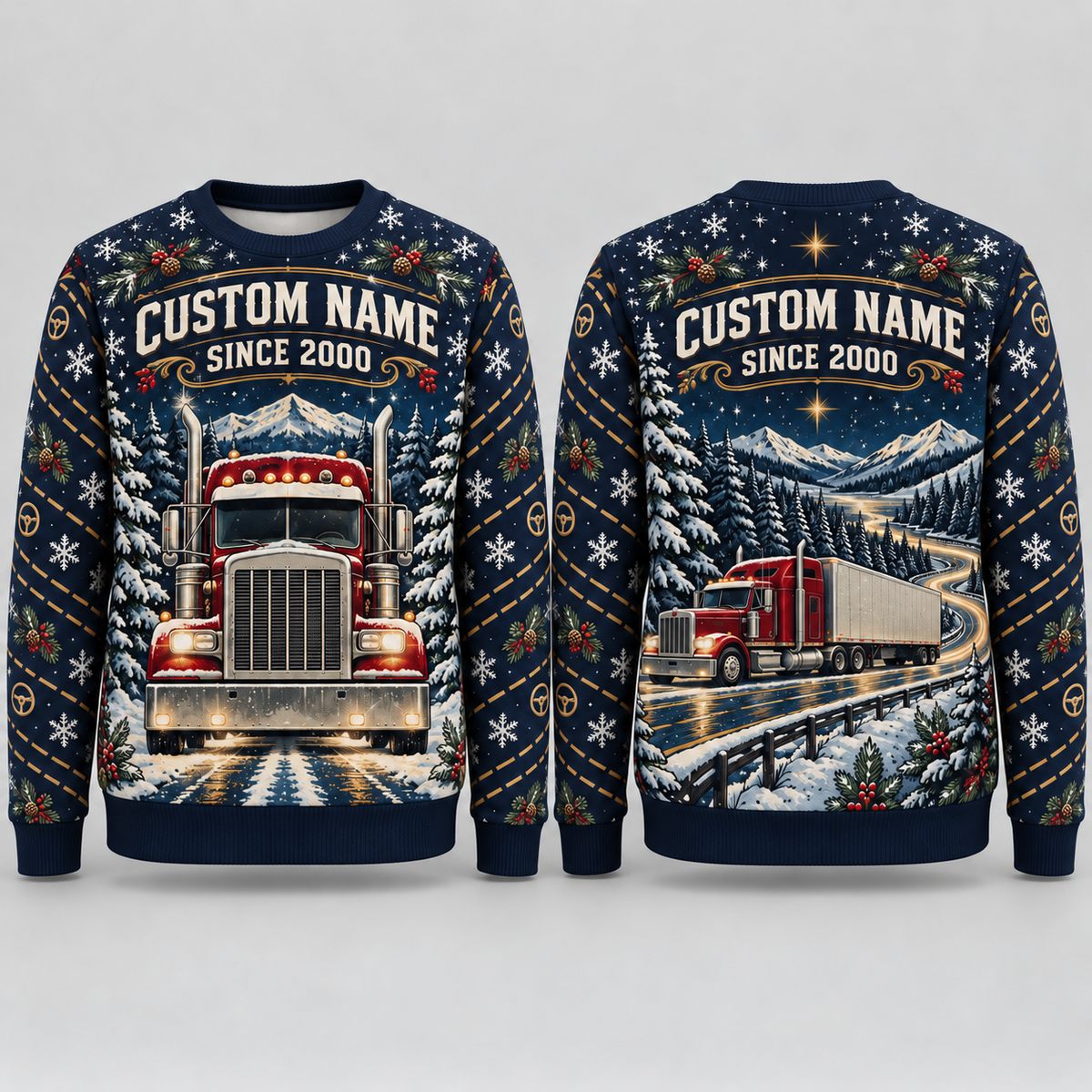 Personalized Trucker Midnight Holiday Haul All-Over Print Crewneck Sweater: front and back design mockups with CUSTOM NAME and SINCE 2000