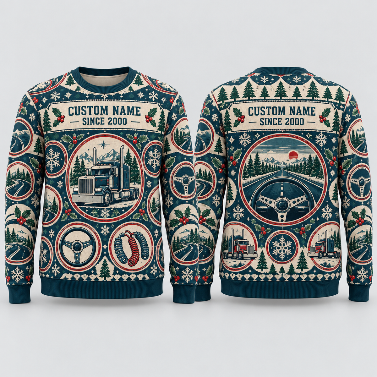 Personalized Trucker Road Crew Holiday Medallions All-Over Print Crewneck Sweater: front and back design mockups with CUSTOM NAME and SINCE 2000