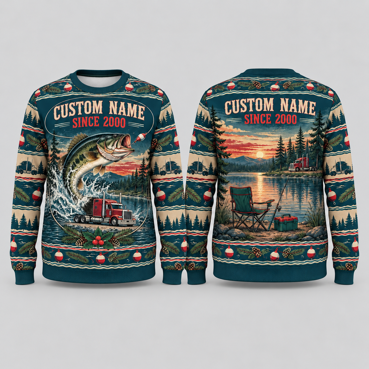 Personalized Trucker Gone Fishing Christmas All-Over Print Crewneck Sweater: front and back design mockups with CUSTOM NAME and SINCE 2000