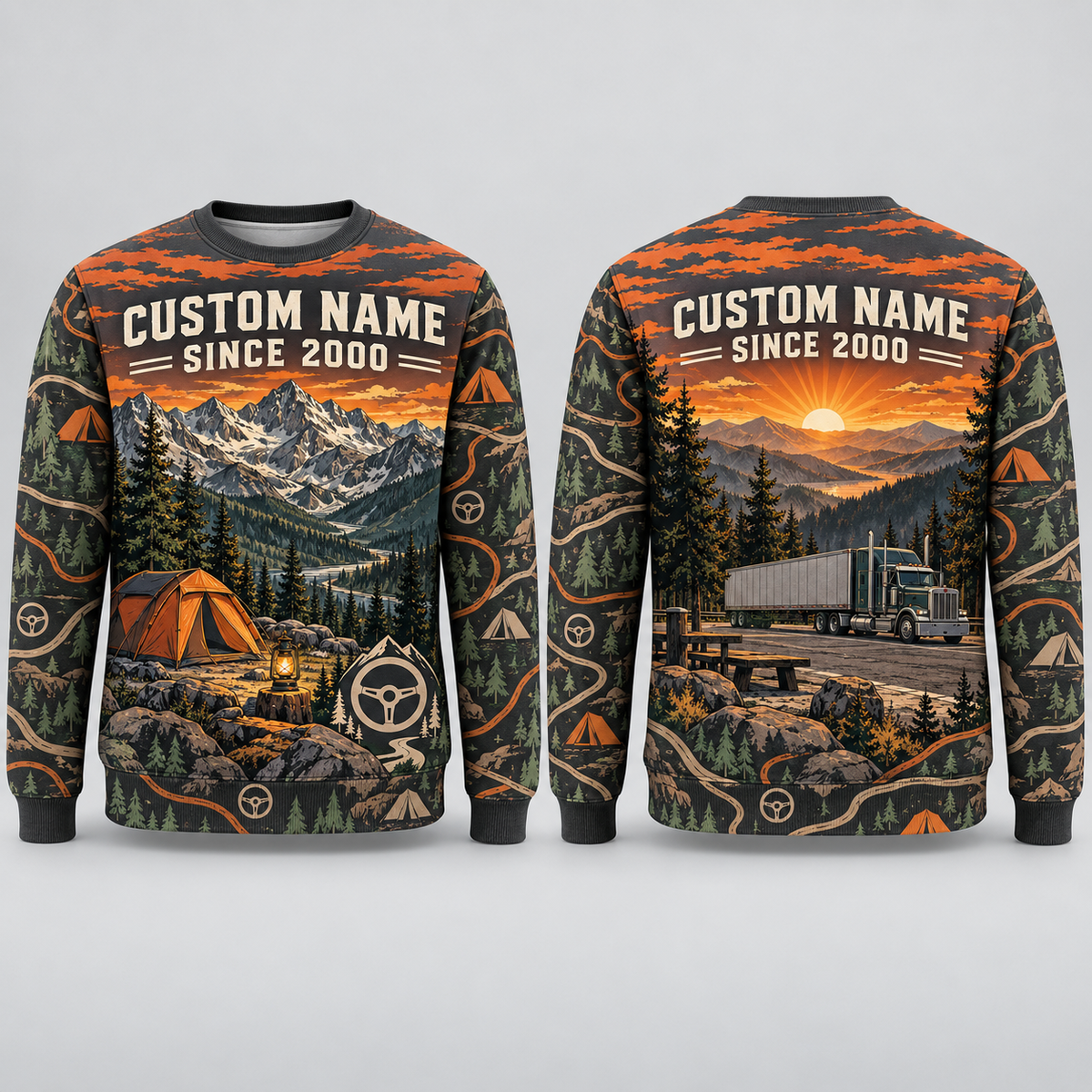 Personalized Trucker Highway Camp Weekend All-Over Print Crewneck Sweater: front and back design mockups with CUSTOM NAME and SINCE 2000