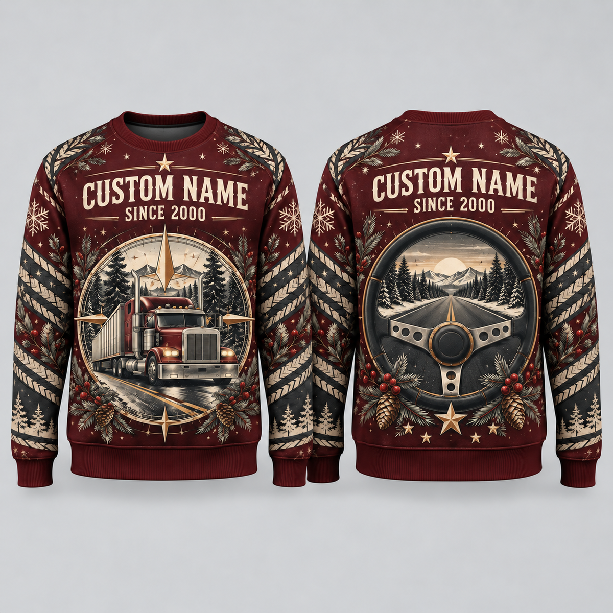 Personalized Trucker Open Road Heritage Holiday All-Over Print Crewneck Sweater: front and back design mockups with CUSTOM NAME and SINCE 2000