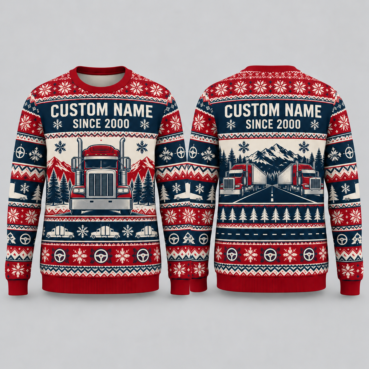 Personalized Trucker Printed Fair Isle Christmas All-Over Print Crewneck Sweater: front and back design mockups with CUSTOM NAME and SINCE 2000