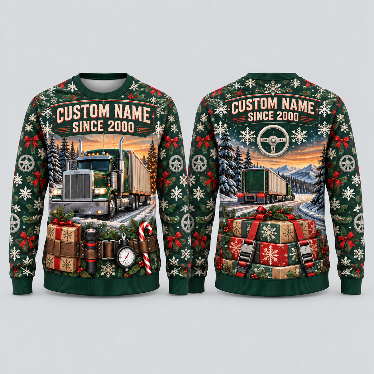 Personalized Trucker Holiday Road Kit Illusion All-Over Print Crewneck Sweater: front and back design mockups with CUSTOM NAME and SINCE 2000