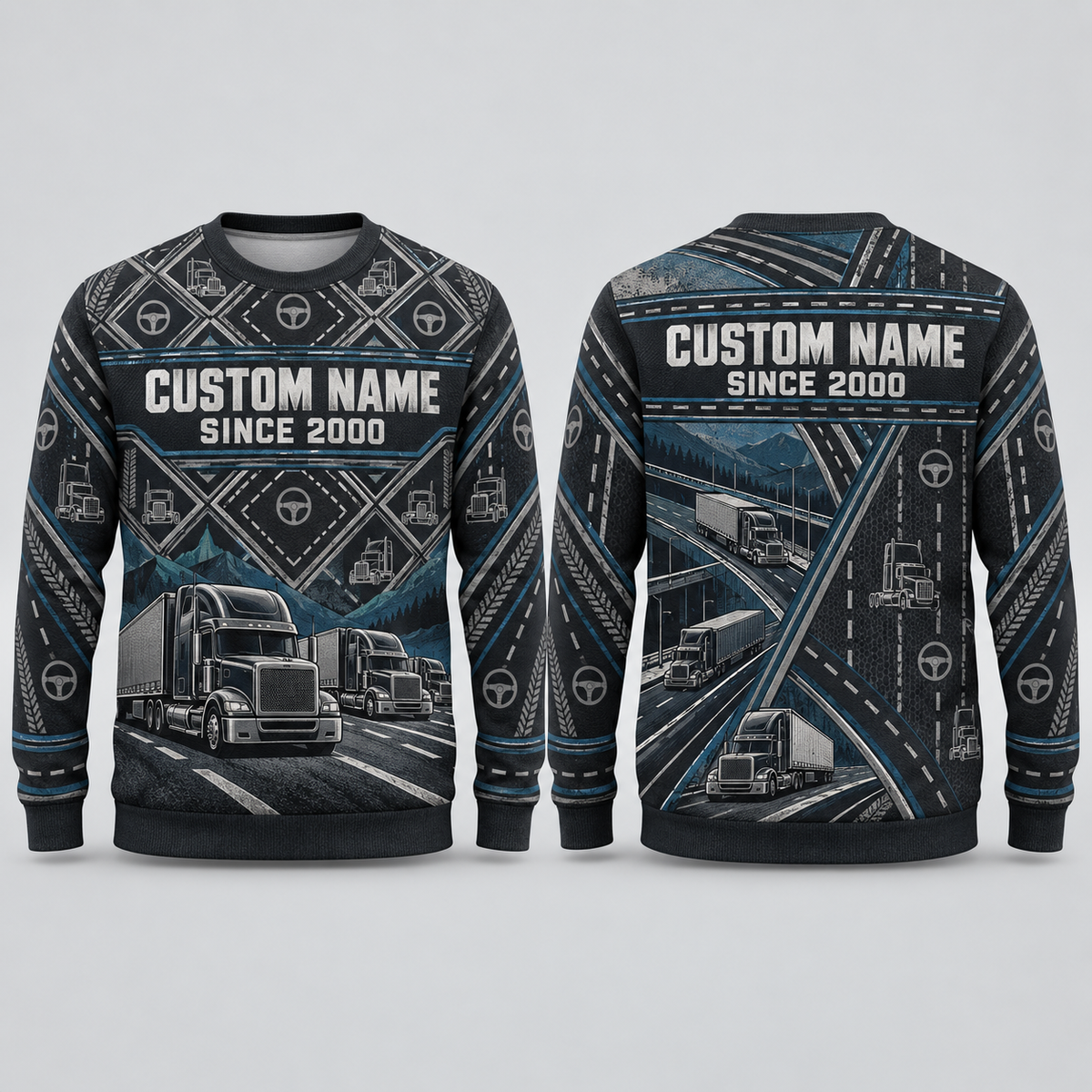 Personalized Trucker Route Geometry All-Over Print Crewneck Sweater: front and back design mockups with CUSTOM NAME and SINCE 2000