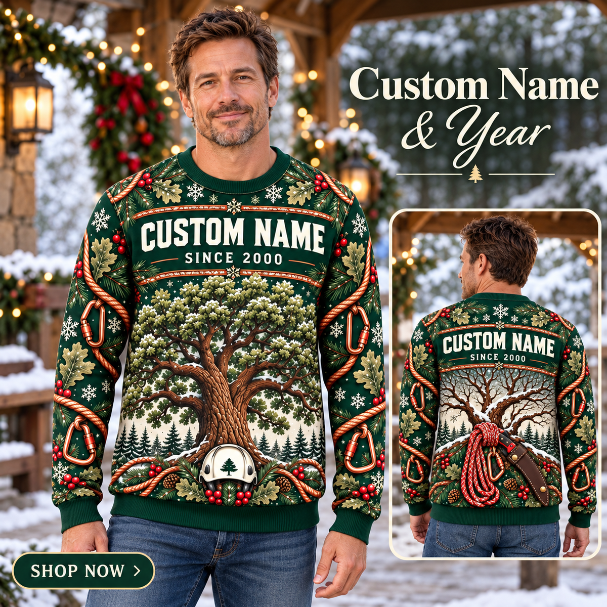 Personalized Arborist Canopy Holiday Hero All-Over Print Crewneck Sweater: advertising lifestyle mockup