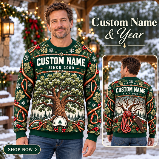 Personalized Arborist Canopy Holiday Hero All-Over Print Crewneck Sweater: advertising lifestyle mockup