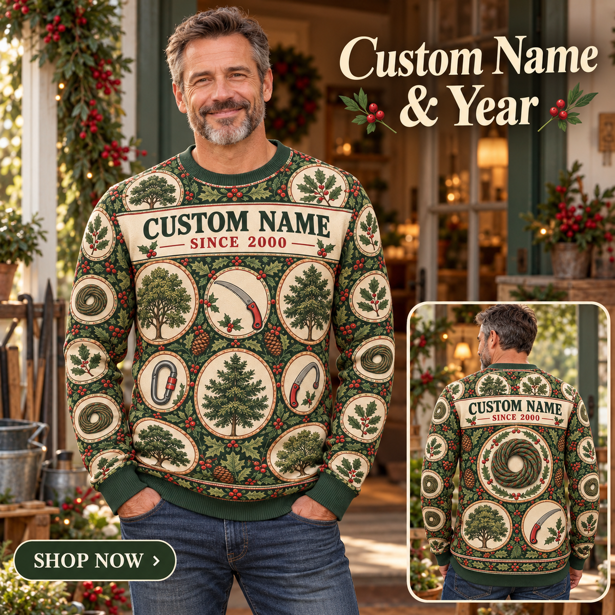 Personalized Arborist Tree Crew Holiday Medallions All-Over Print Crewneck Sweater: advertising lifestyle mockup
