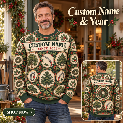 Personalized Arborist Tree Crew Holiday Medallions All-Over Print Crewneck Sweater: advertising lifestyle mockup