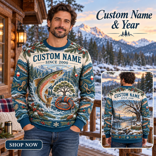 Personalized Arborist Streamside Christmas All-Over Print Crewneck Sweater: advertising lifestyle mockup