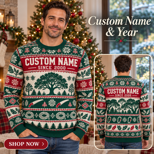 Personalized Arborist Printed Fair Isle Christmas All-Over Print Crewneck Sweater: advertising lifestyle mockup