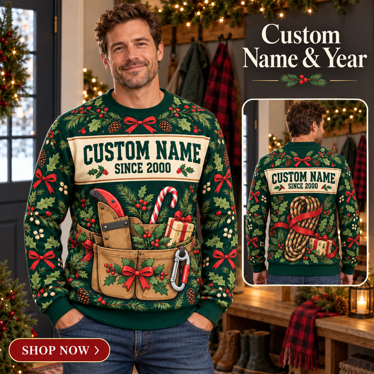 Personalized Arborist Tree Crew Holiday Gear Illusion All-Over Print Crewneck Sweater: advertising lifestyle mockup