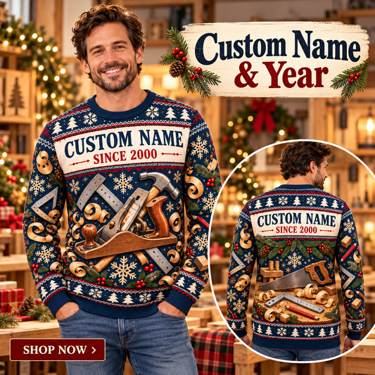 Personalized Carpenter Workshop Holiday Maker All-Over Print Crewneck Sweater: advertising lifestyle mockup