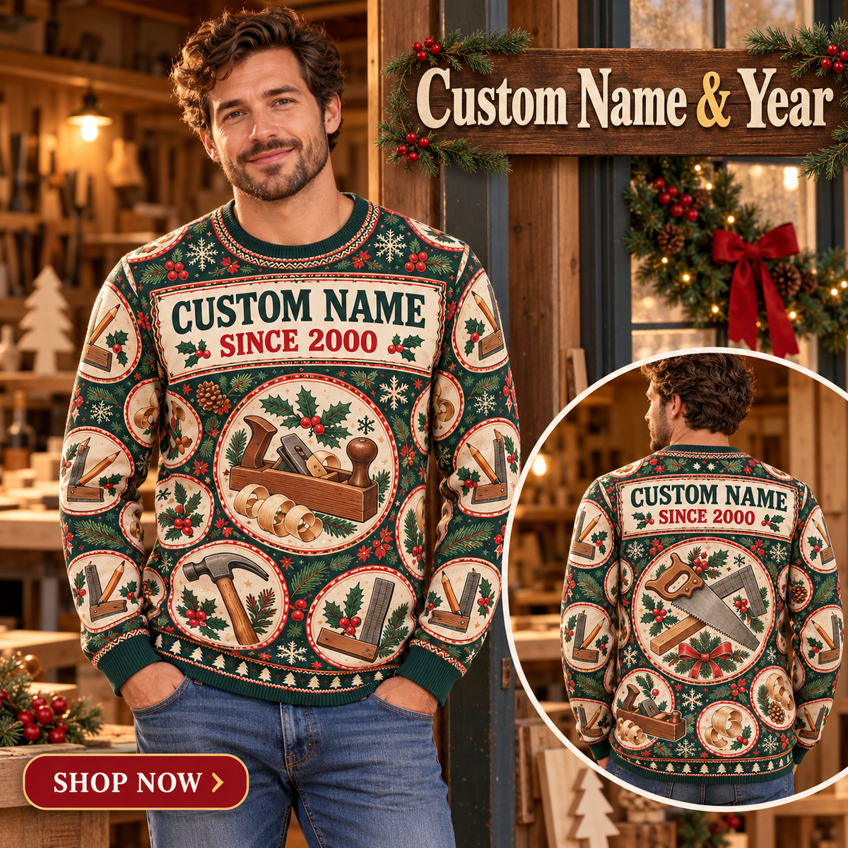 Personalized Carpenter Holiday Medallions All-Over Print Crewneck Sweater: advertising lifestyle mockup