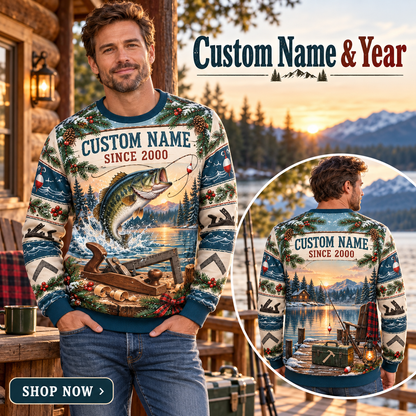 Personalized Carpenter Gone Fishing Christmas All-Over Print Crewneck Sweater: advertising lifestyle mockup