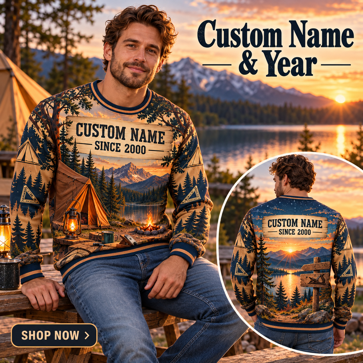 Personalized Carpenter Camp Weekend All-Over Print Crewneck Sweater: advertising lifestyle mockup