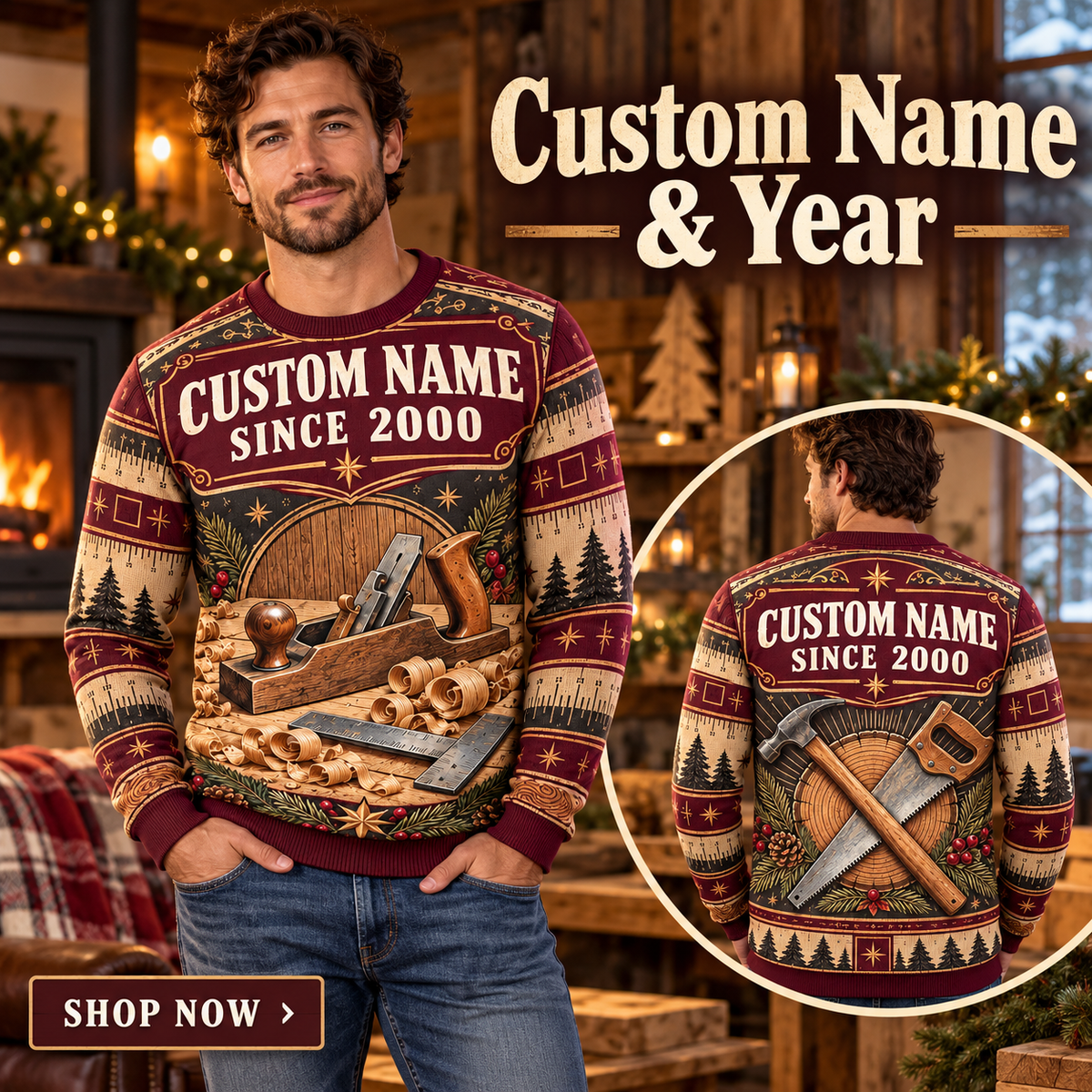 Personalized Carpenter Craft Heritage Holiday All-Over Print Crewneck Sweater: advertising lifestyle mockup