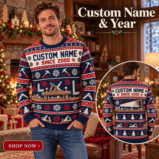 Personalized Carpenter Printed Fair Isle Christmas All-Over Print Crewneck Sweater: advertising lifestyle mockup