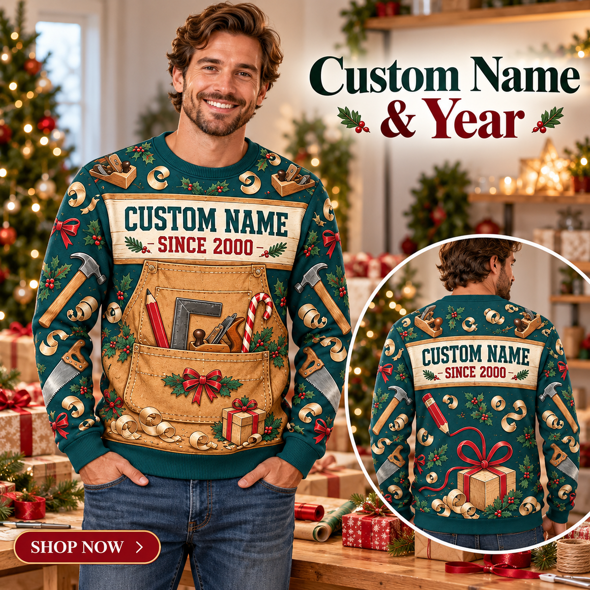 Personalized Carpenter Holiday Maker Apron Illusion All-Over Print Crewneck Sweater: advertising lifestyle mockup