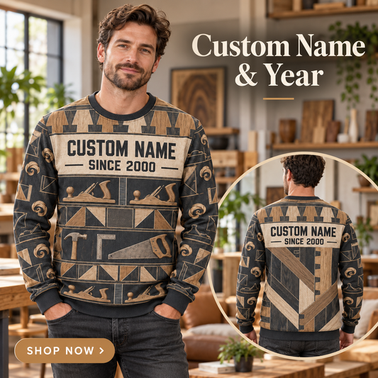 Personalized Carpenter Joinery Geometry All-Over Print Crewneck Sweater: advertising lifestyle mockup