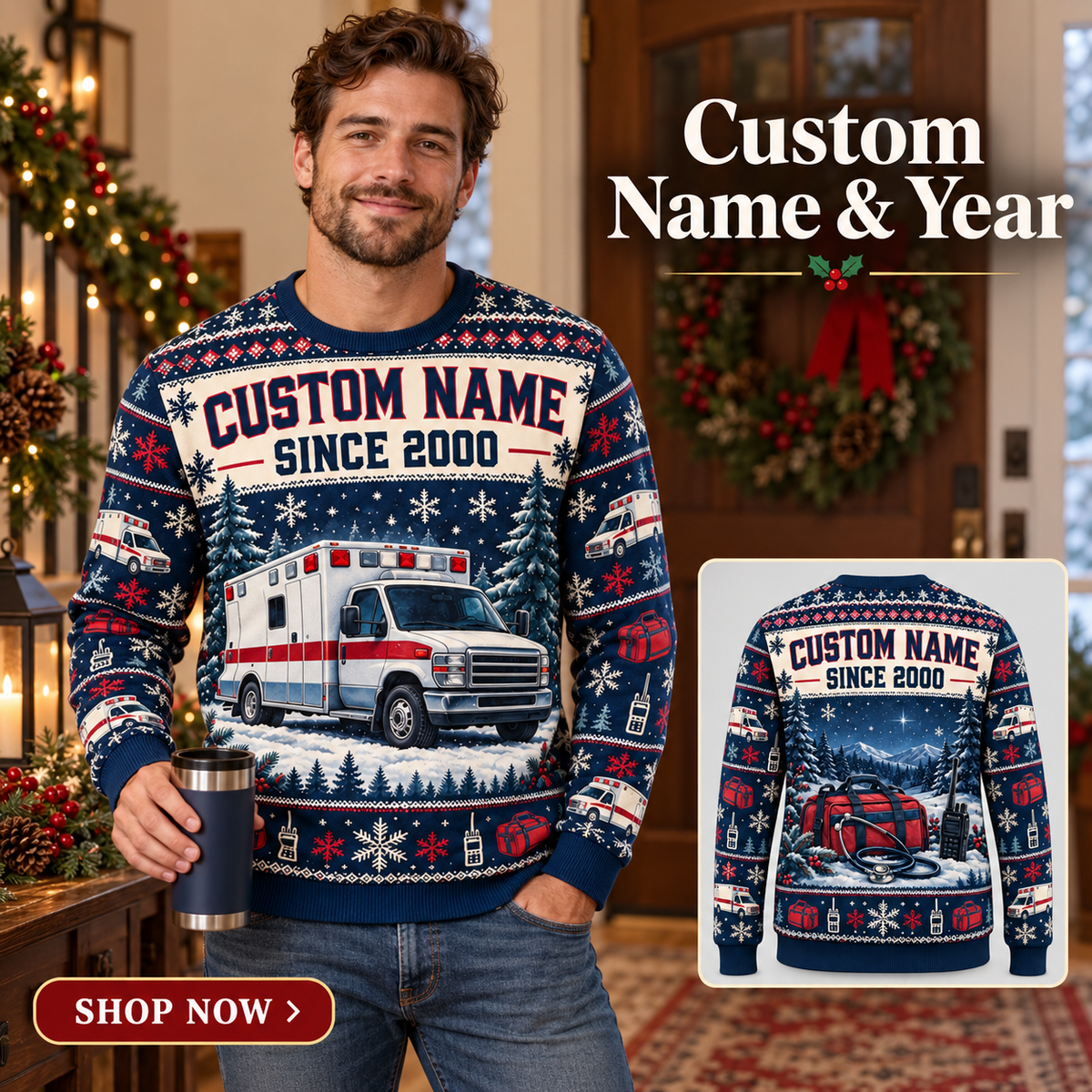 Personalized EMS Holiday Night Watch All-Over Print Crewneck Sweater: advertising lifestyle mockup