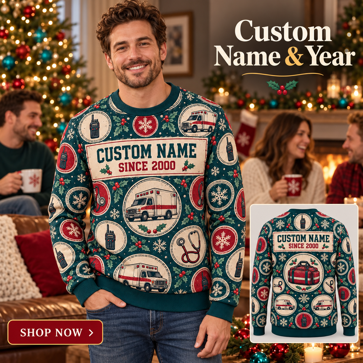 Personalized EMS Response Crew Holiday Medallions All-Over Print Crewneck Sweater: advertising lifestyle mockup