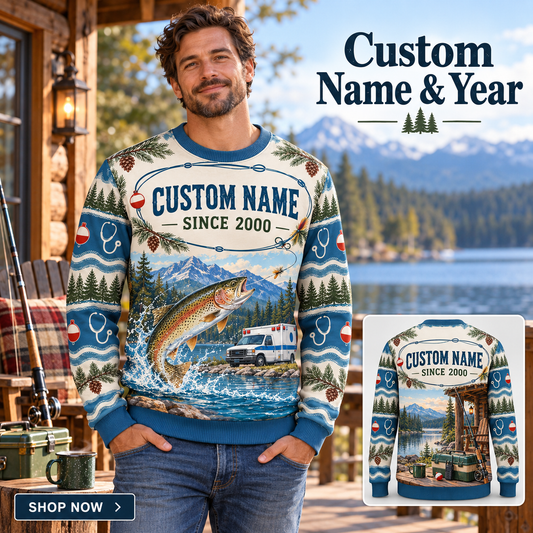 Personalized EMS Gone Fishing Christmas All-Over Print Crewneck Sweater: advertising lifestyle mockup