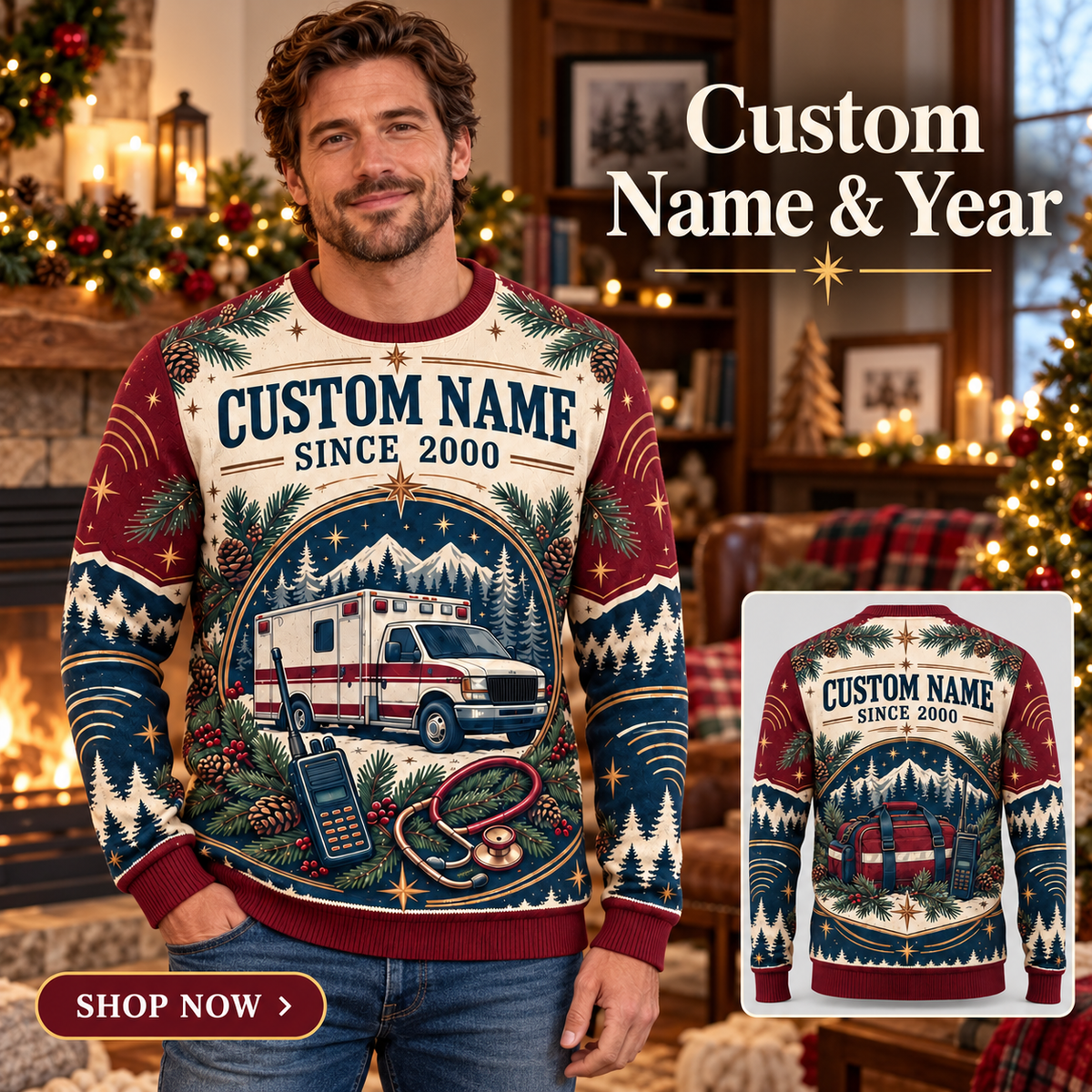 Personalized EMS Service Heritage Holiday All-Over Print Crewneck Sweater: advertising lifestyle mockup