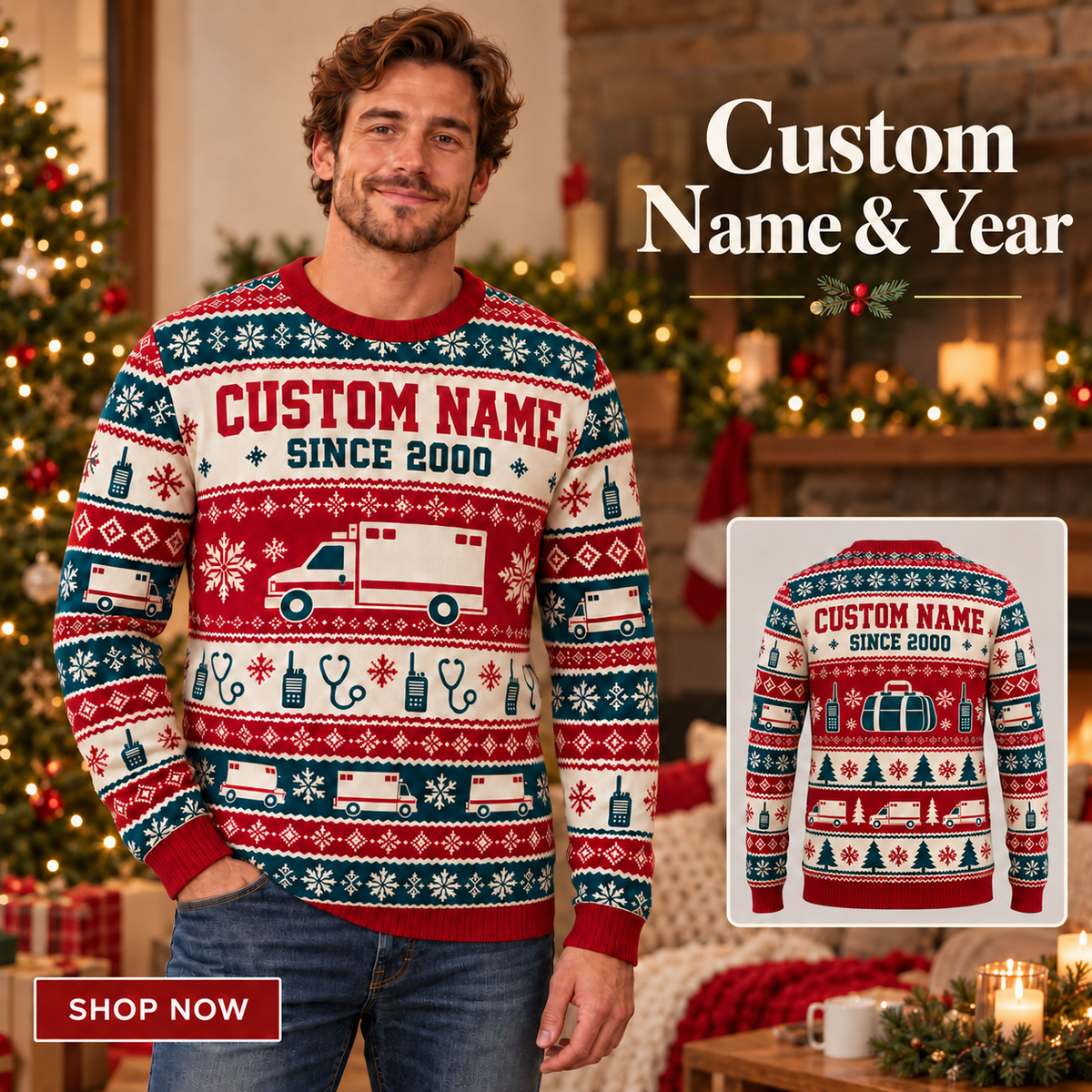 Personalized EMS Printed Fair Isle Christmas All-Over Print Crewneck Sweater: advertising lifestyle mockup