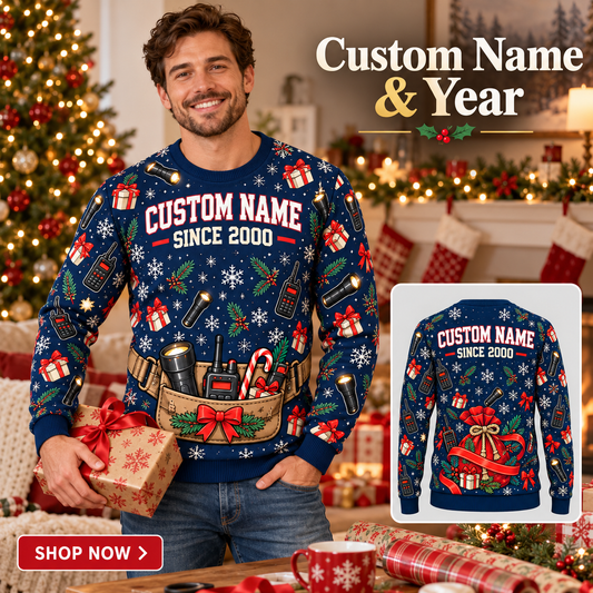 Personalized EMS Holiday Gift Kit Illusion All-Over Print Crewneck Sweater: advertising lifestyle mockup