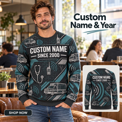 Personalized EMS Response Geometry All-Over Print Crewneck Sweater: advertising lifestyle mockup