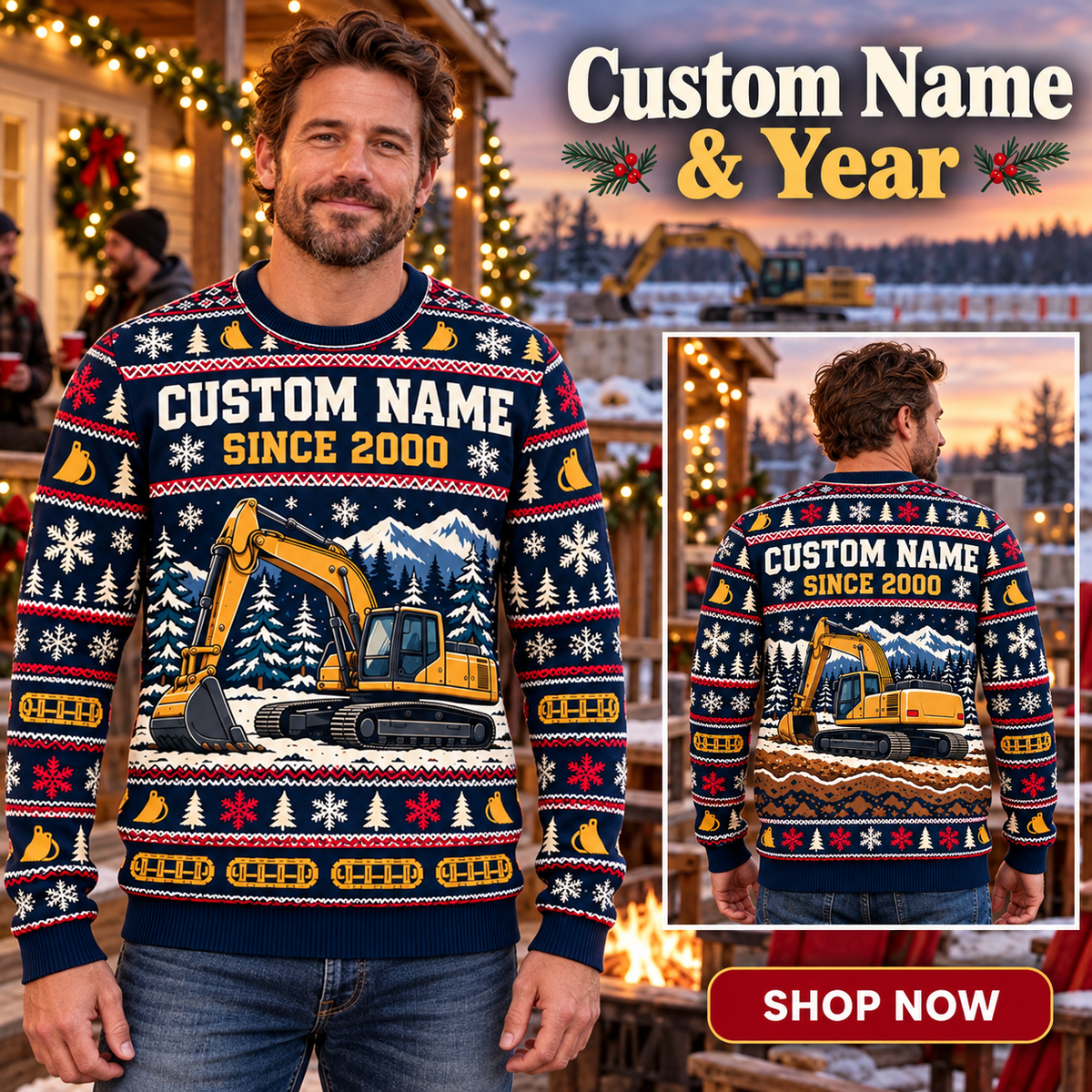 Personalized Excavator Operator Winter Dig Holiday Hero All-Over Print Crewneck Sweater: advertising lifestyle mockup