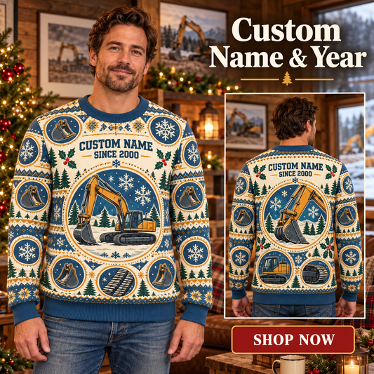 Personalized Excavator Operator Earthmoving Holiday Medallions All-Over Print Crewneck Sweater: advertising lifestyle mockup
