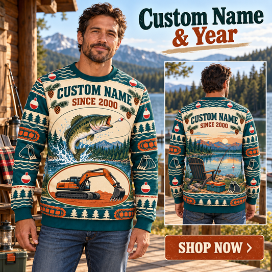 Personalized Excavator Operator Gone Fishing Christmas All-Over Print Crewneck Sweater: advertising lifestyle mockup