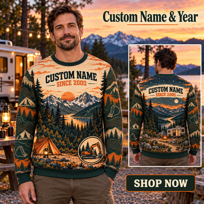 Personalized Excavator Operator Earthmover Camp Weekend All-Over Print Crewneck Sweater: advertising lifestyle mockup