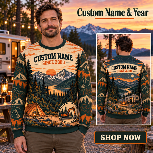 Personalized Excavator Operator Earthmover Camp Weekend All-Over Print Crewneck Sweater: advertising lifestyle mockup