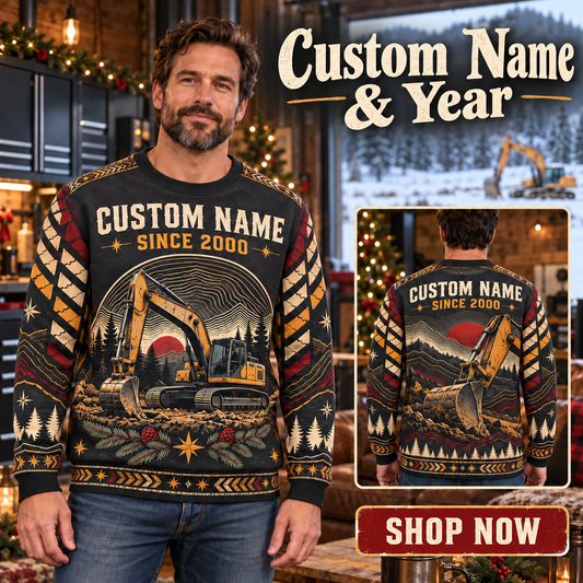 Personalized Excavator Operator Heritage Holiday All-Over Print Crewneck Sweater: advertising lifestyle mockup