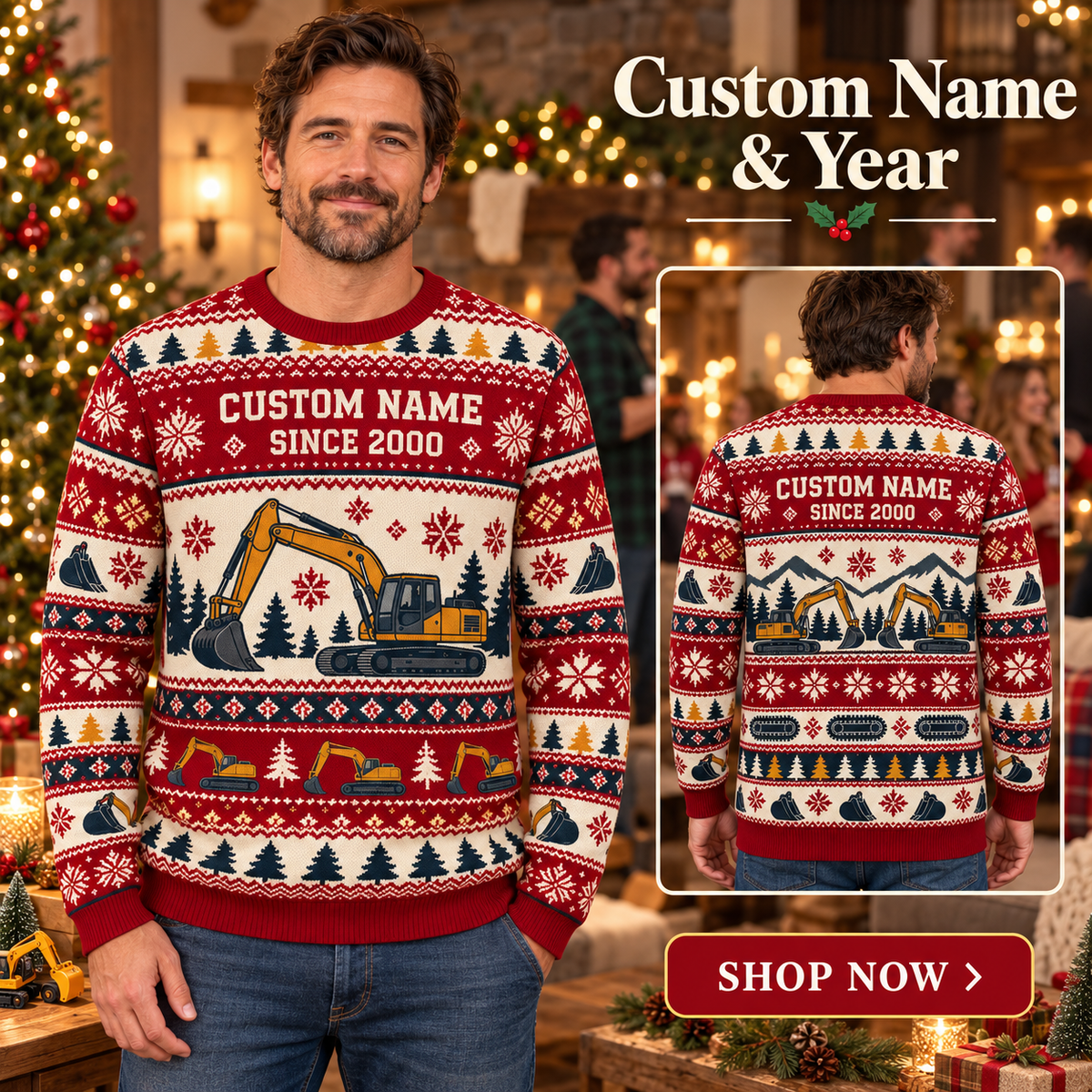Personalized Excavator Operator Printed Fair Isle Christmas All-Over Print Crewneck Sweater: advertising lifestyle mockup