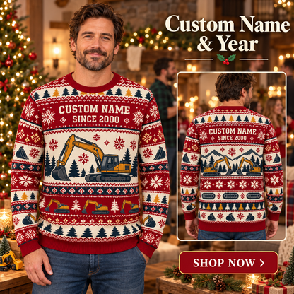Personalized Excavator Operator Printed Fair Isle Christmas All-Over Print Crewneck Sweater: advertising lifestyle mockup