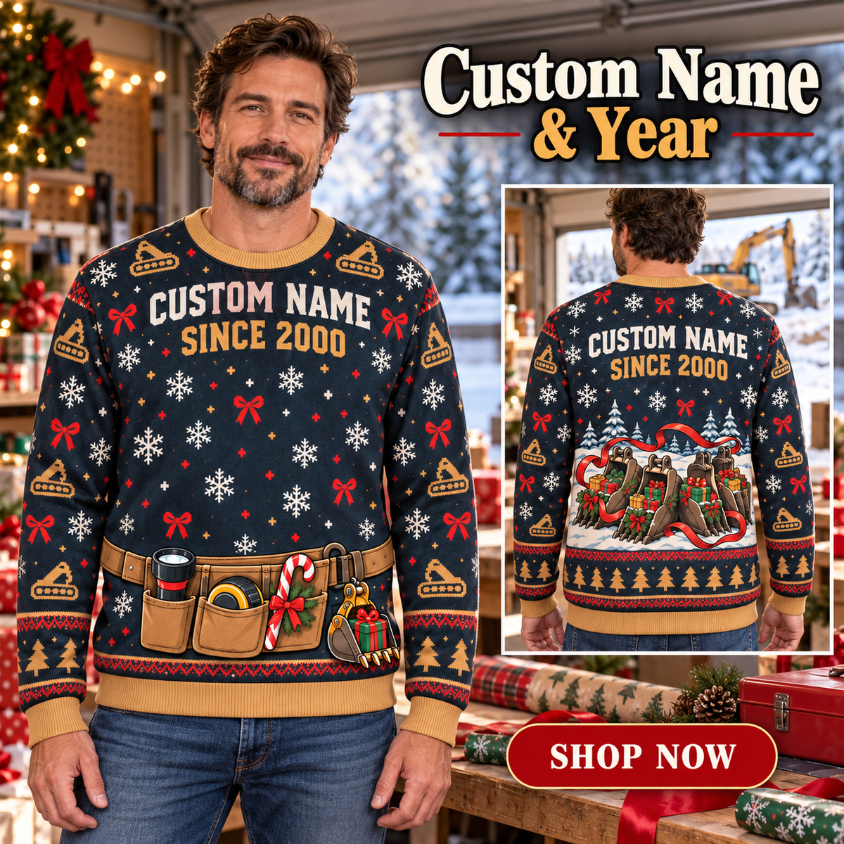 Personalized Excavator Operator Holiday Operator Kit Illusion All-Over Print Crewneck Sweater: advertising lifestyle mockup