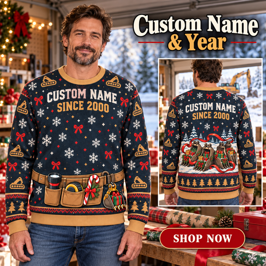 Personalized Excavator Operator Holiday Operator Kit Illusion All-Over Print Crewneck Sweater: advertising lifestyle mockup