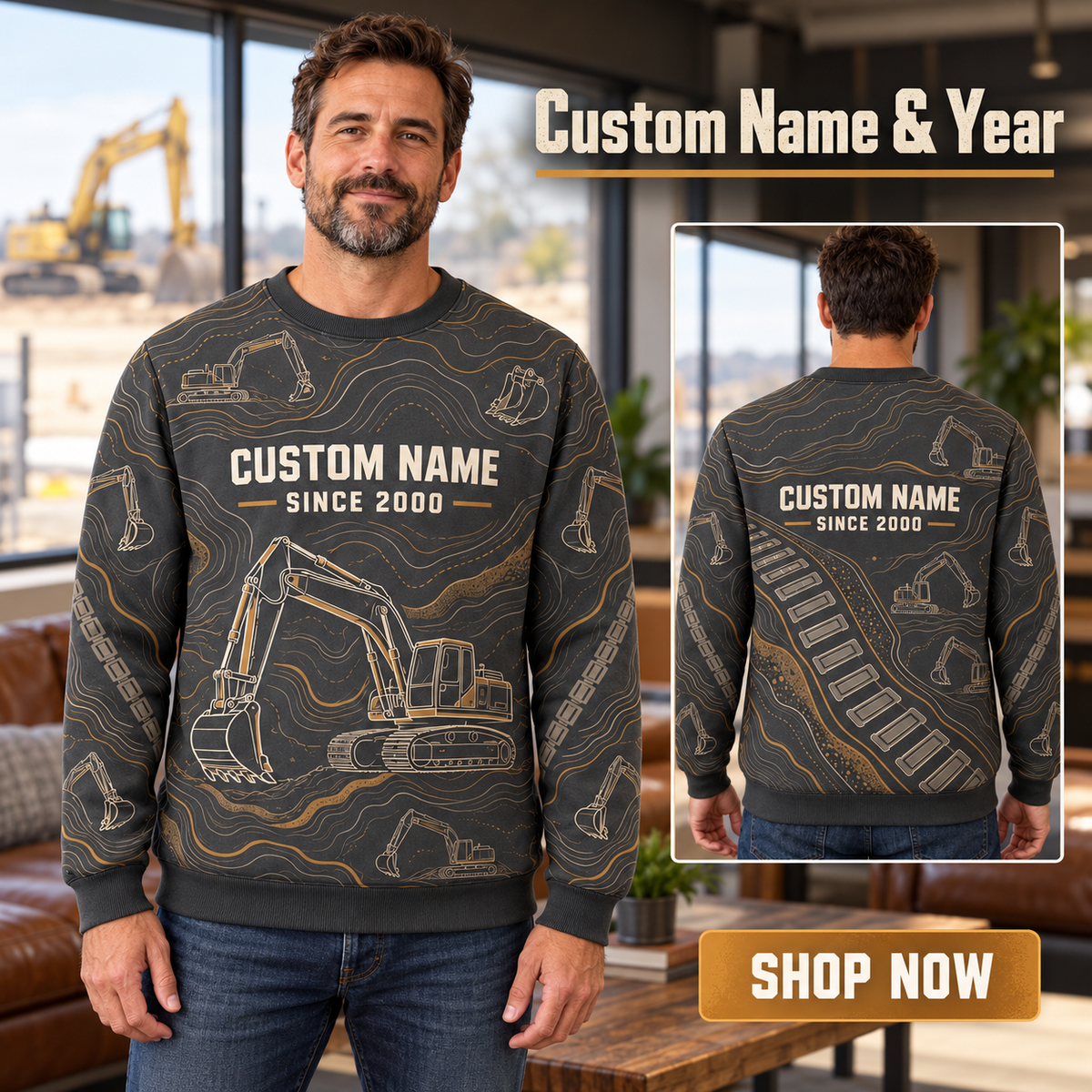 Personalized Excavator Operator Contour Geometry All-Over Print Crewneck Sweater: advertising lifestyle mockup