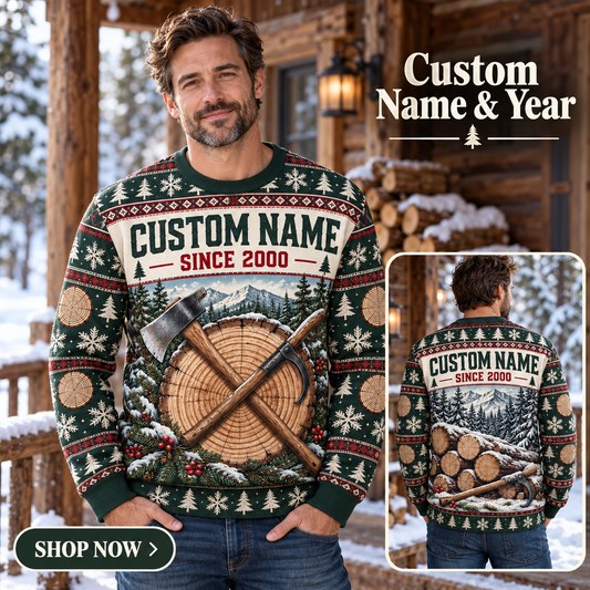 Personalized Logger Timberline Holiday Hero All-Over Print Crewneck Sweater: advertising lifestyle mockup