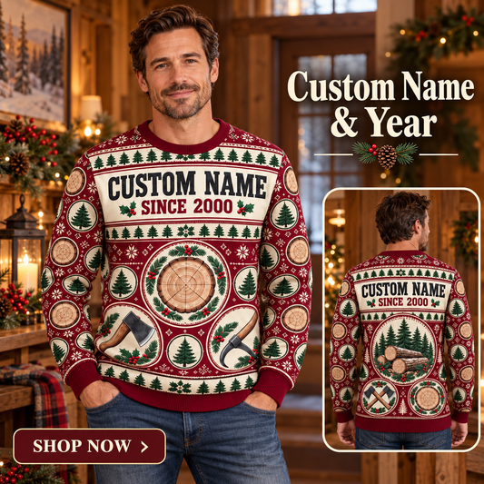 Personalized Logger Timber Crew Holiday Medallions All-Over Print Crewneck Sweater: advertising lifestyle mockup