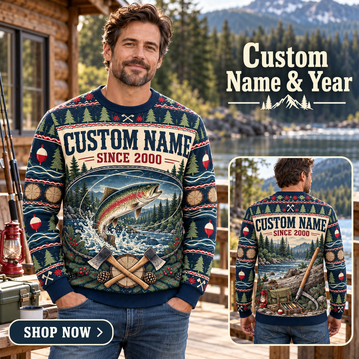 Personalized Logger Riverbreak Christmas All-Over Print Crewneck Sweater: advertising lifestyle mockup