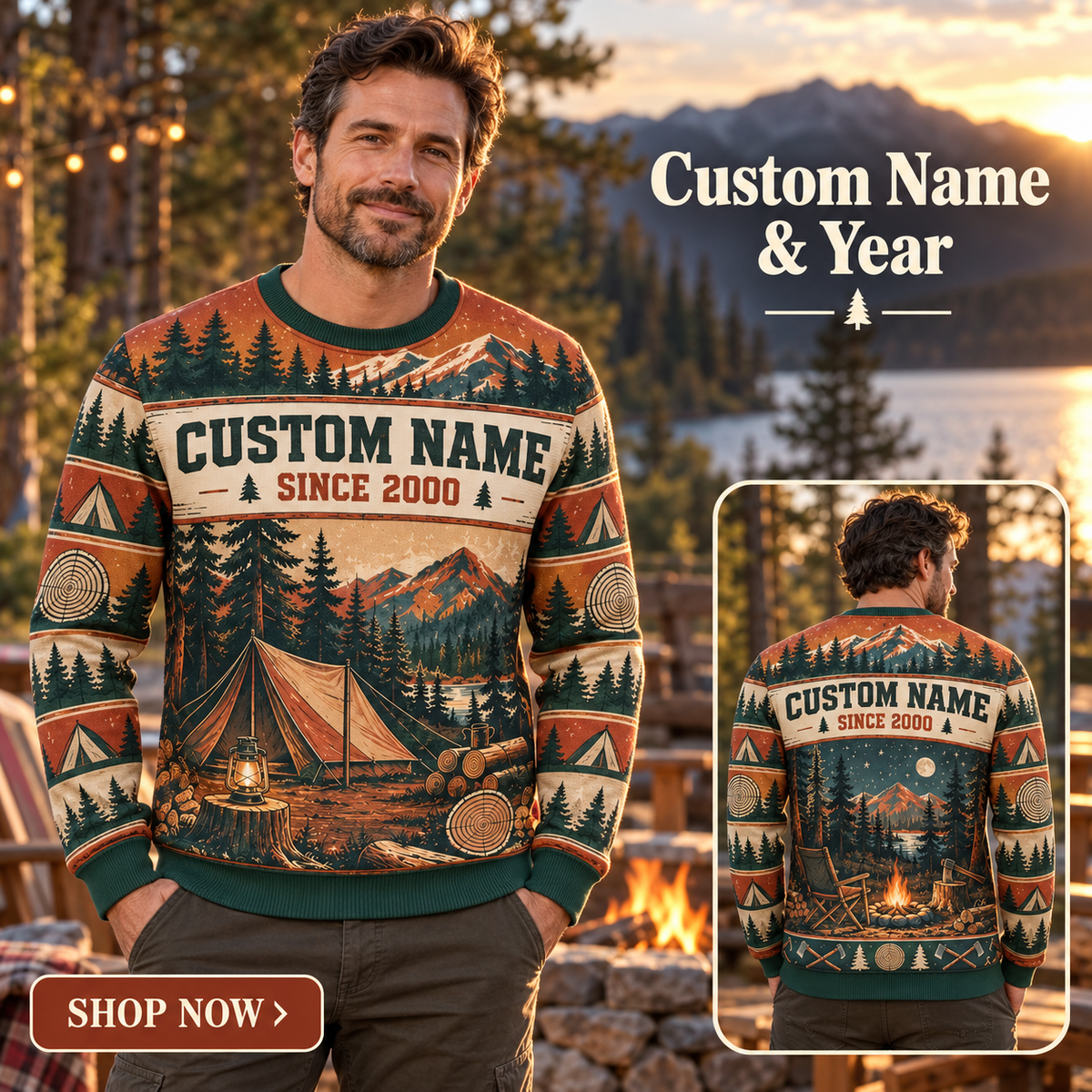 Personalized Logger Timber Camp Weekend All-Over Print Crewneck Sweater: advertising lifestyle mockup