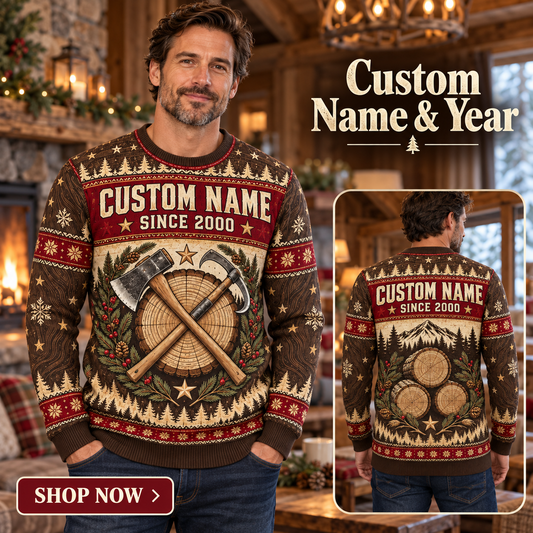 Personalized Logger Timber Heritage Holiday All-Over Print Crewneck Sweater: advertising lifestyle mockup