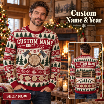 Personalized Logger Printed Fair Isle Christmas All-Over Print Crewneck Sweater: advertising lifestyle mockup